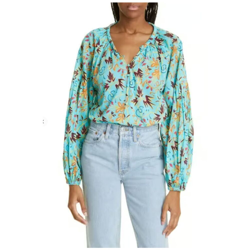 NWOT ALC Capri Grotto Green Floral Cotton Blouse Long Sleeve Boho Romantic Top 8